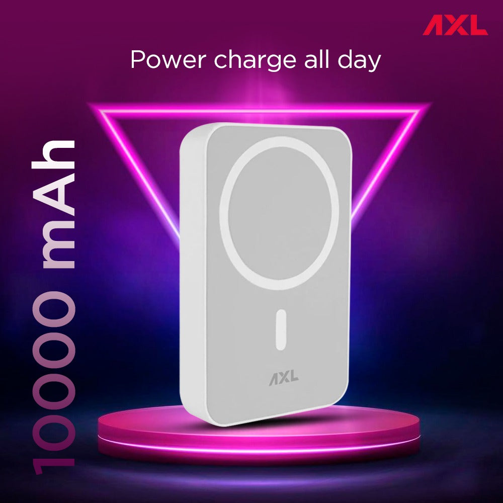 AXL PowerPod Power Bank 10000mAh Li-Polymer with 20W Wireless Fast Charging, Type C & Lighting USB Input Ports for Smartphone & Tablet (white)