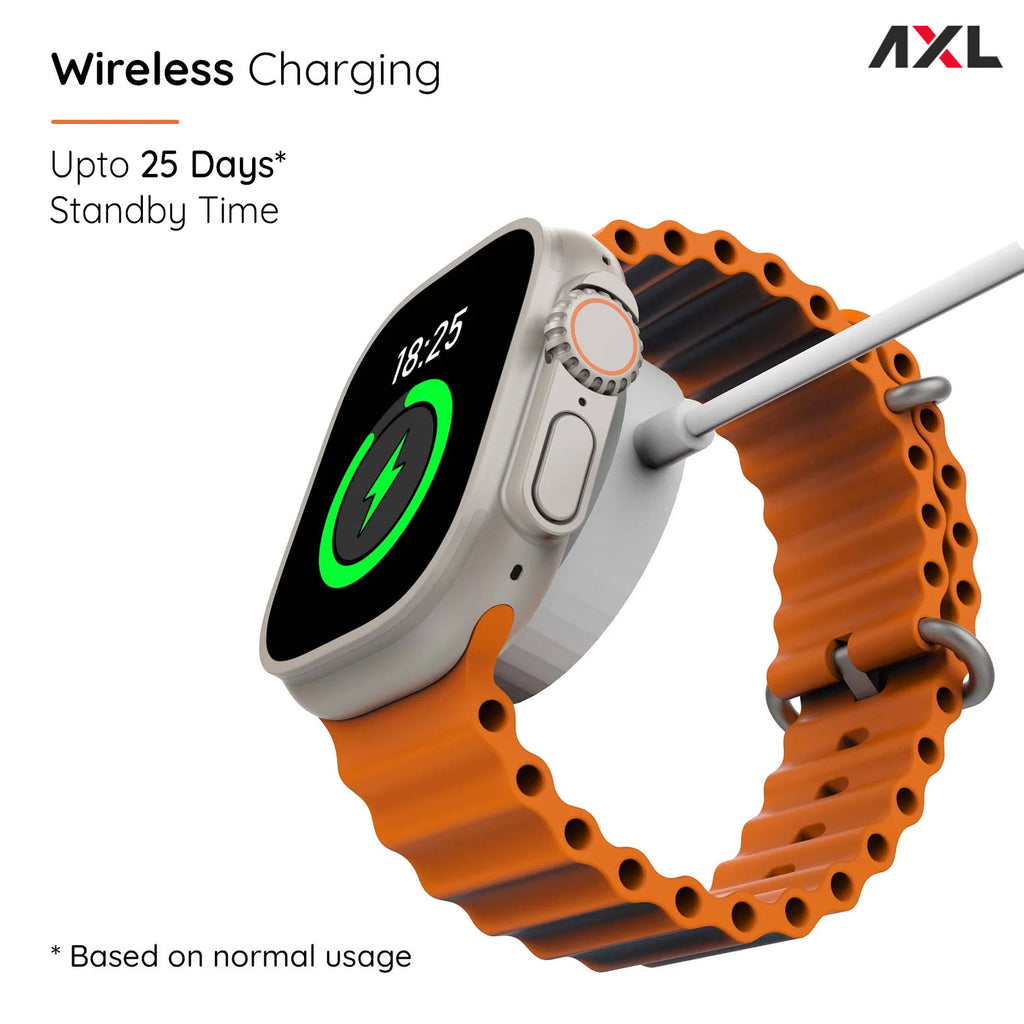AXL Gear Smartwatch: Cutting-Edge Technology Meets Style – Wireless Charging, Rotating Crown, BT Calling, Zinc Alloy Frame, 900 Nits, SpO2 Monitoring, and Vibrant Orange Strap (Free Size)
