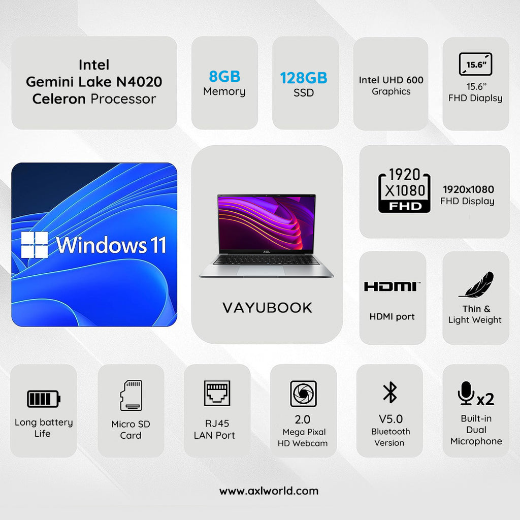 AXL Laptop (Vayu Book) Intel® Celeron Newly Launched Thin & Light | 15.6 Inch (39.624 cm) HD Display (8GB/128GB SSD | 1920*1080 FHD IPS