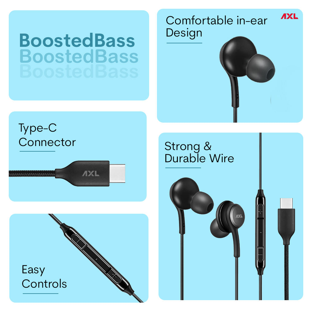 AXL Cross Type-C  Earphone with mic, In-Line Controls