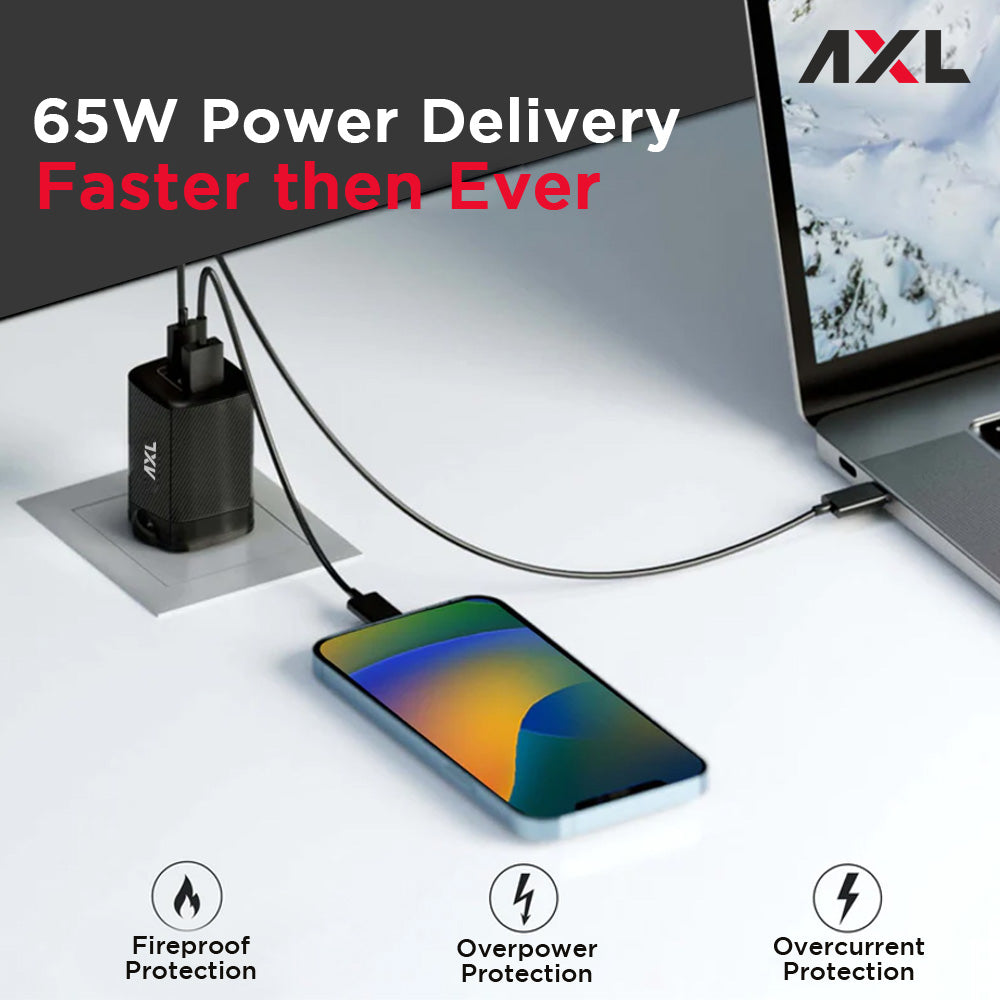 AXL Electra Adaptor 65W USB Type-C Wall Charger with Fast Charging Type-C Cable -Universal Compatibility for Android