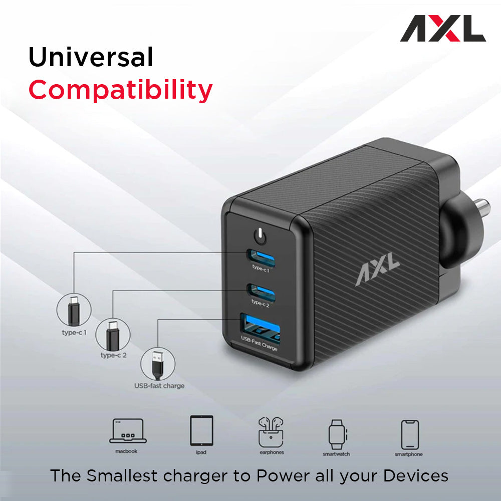 AXL Electra Adaptor 65W USB Type-C Wall Charger with Fast Charging Type-C Cable -Universal Compatibility for Android