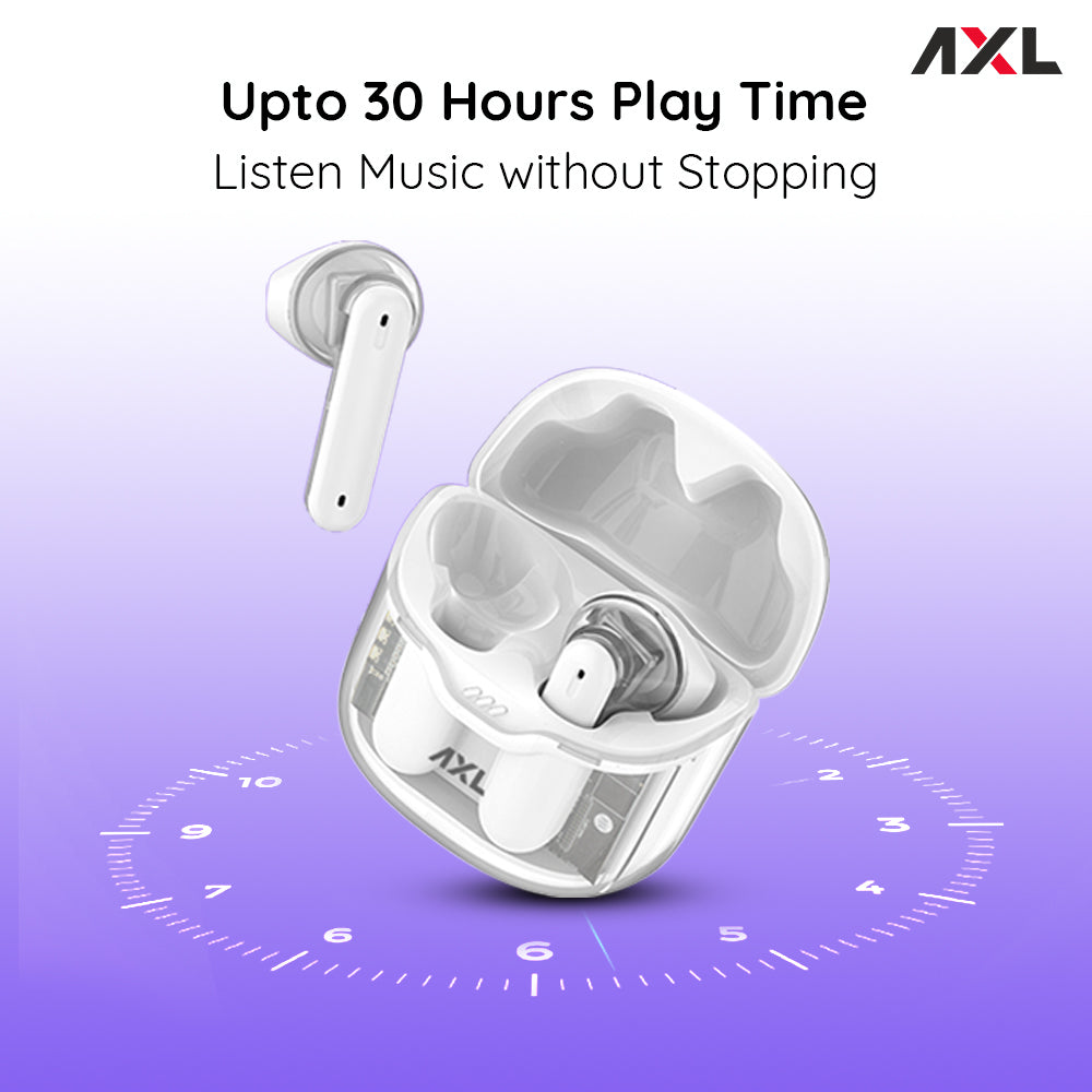 AXL Ultron Premium transparent Wireless Earbuds with 30 HRS Playback, magnetic enclosure easy touch controls Immersive Sound quality IPX5 Sweat & Water Resistant