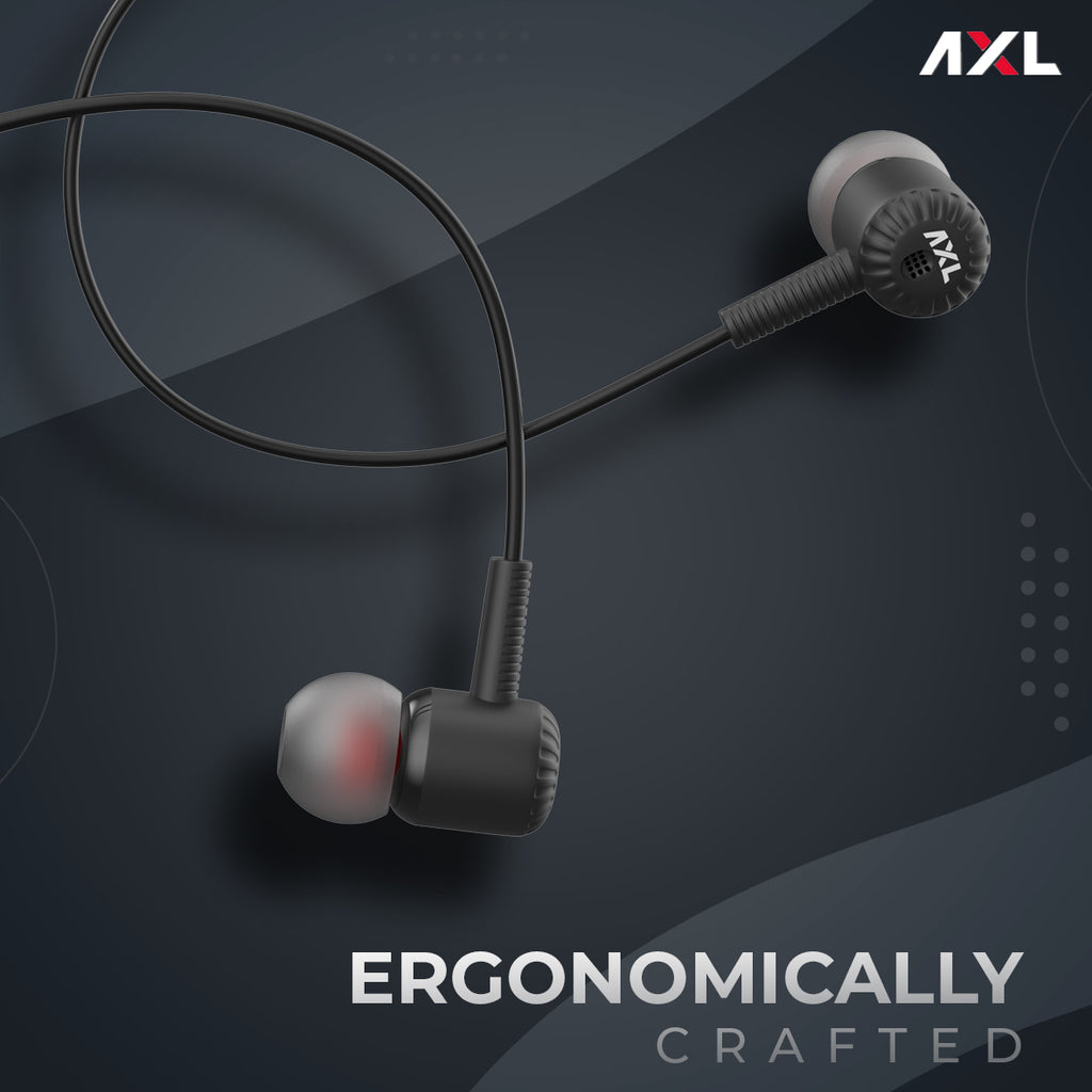 AXL AEP-PA10 In Ear Wired Earphones with Powerful Bass, Ergonomic Design and in-Line Control with Mic (Black)