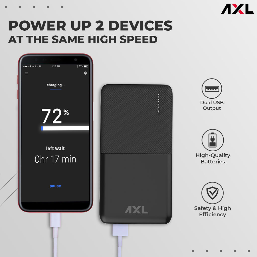 AXL XPB-2250 Power Bank 20000mAh Li-Polymer with Type C & Micro USB Input Ports, LED Battery Indicator & Multi Protection Technology for Smartphone & Tablet (Black)