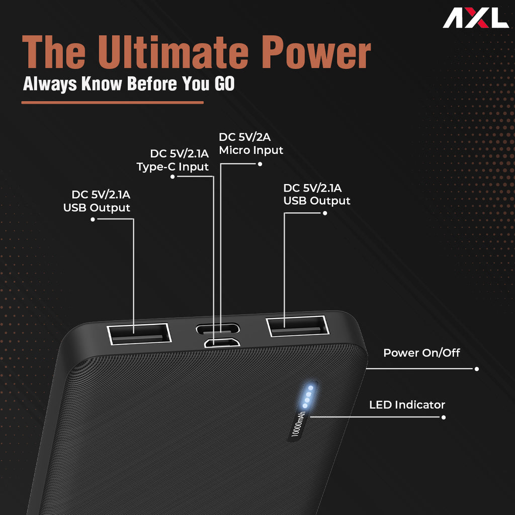 AXL XPB-1250 Power Bank 10000mAh Li-Polymer with 12W Fast Charging, Type C & Micro USB Input Ports, LED Battery Indicator & Multi Protection Technology for Smartphone & Tablet (Black)