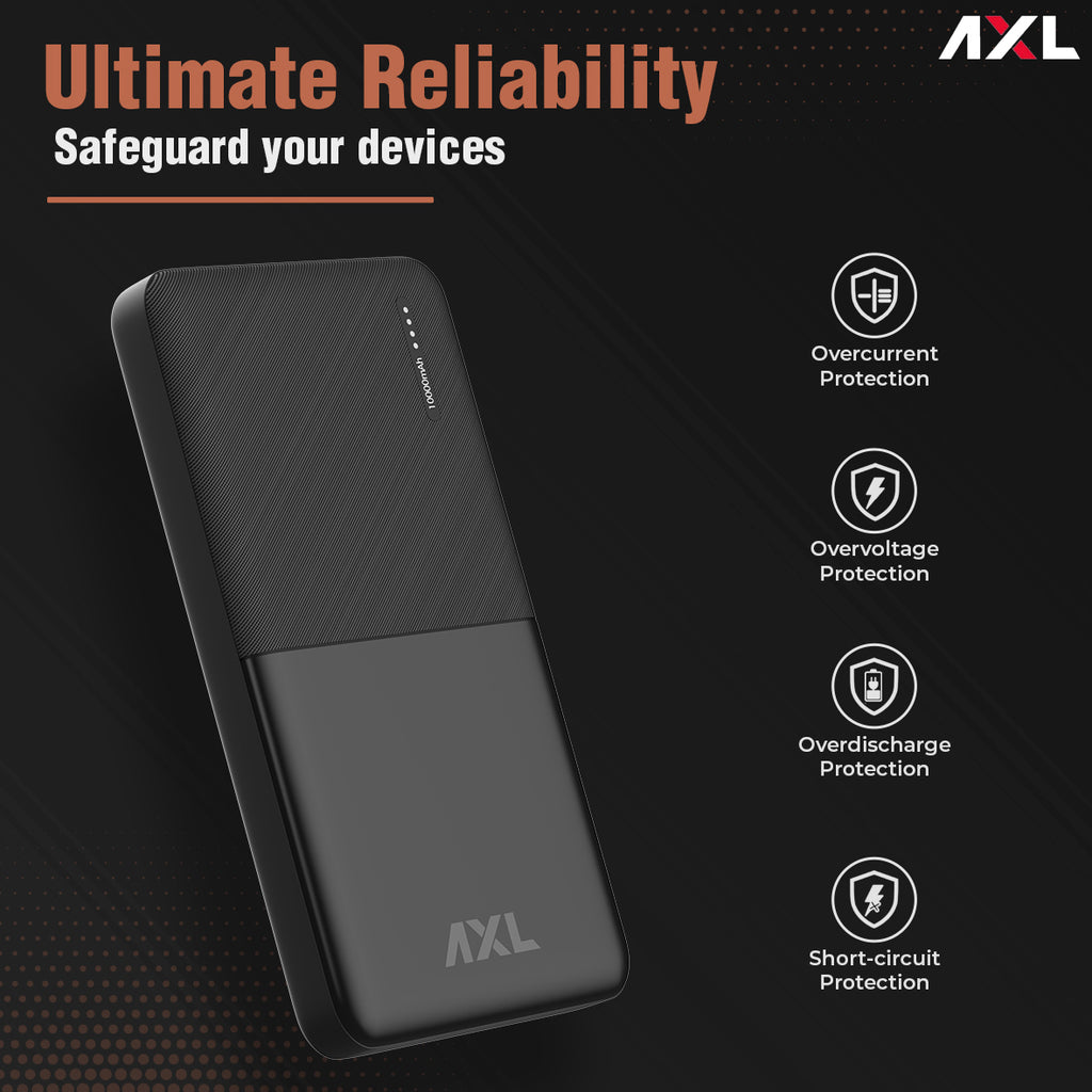 AXL XPB-1250 Power Bank 10000mAh Li-Polymer with 12W Fast Charging, Type C & Micro USB Input Ports, LED Battery Indicator & Multi Protection Technology for Smartphone & Tablet (Black)
