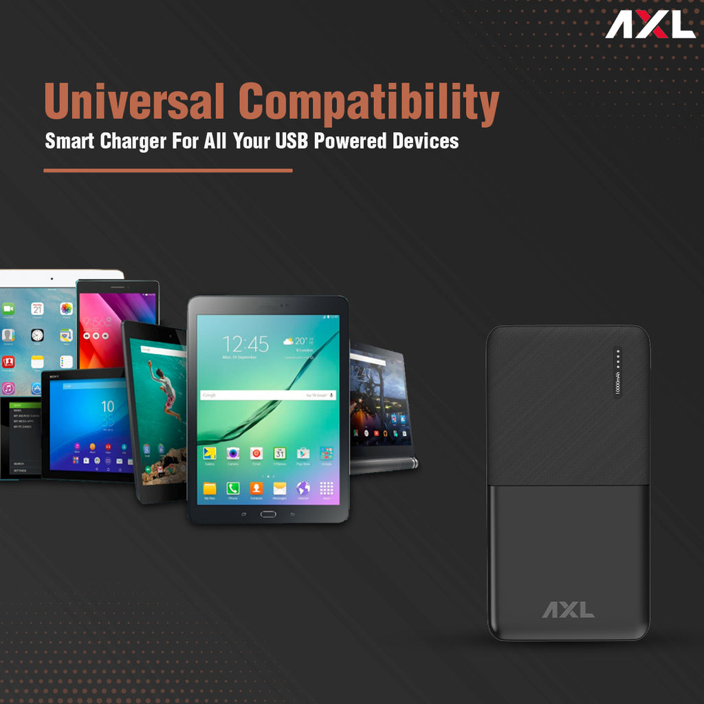 AXL XPB-1250 Power Bank 10000mAh Li-Polymer with 12W Fast Charging, Type C & Micro USB Input Ports, LED Battery Indicator & Multi Protection Technology for Smartphone & Tablet (Black)