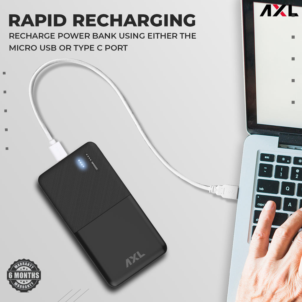 AXL XPB-2250 Power Bank 20000mAh Li-Polymer with Type C & Micro USB Input Ports, LED Battery Indicator & Multi Protection Technology for Smartphone & Tablet (Black)