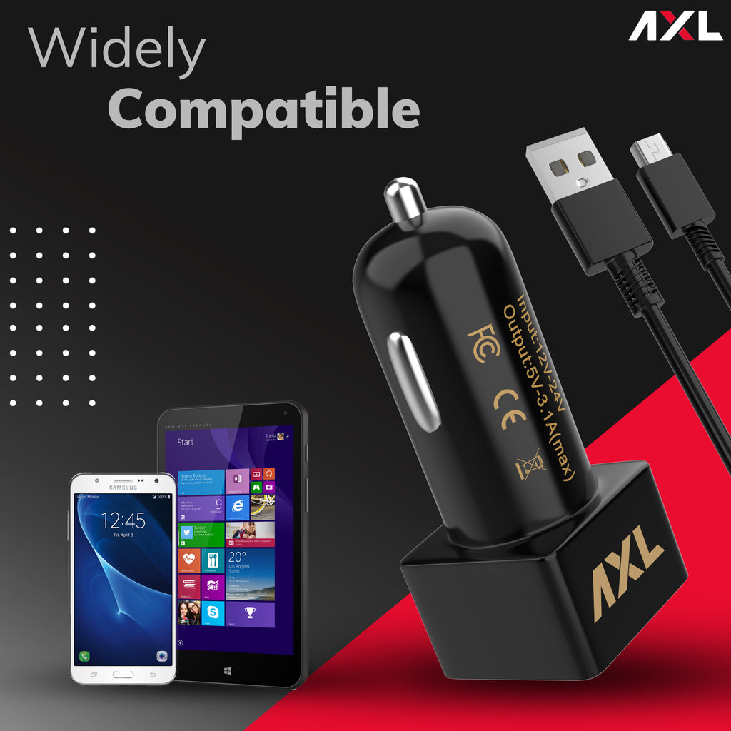 AXL ACC02 3.1A Dual Port Rapid Car Charger with Fast Charging, Compatible for All Smartphones With Cable (Black)